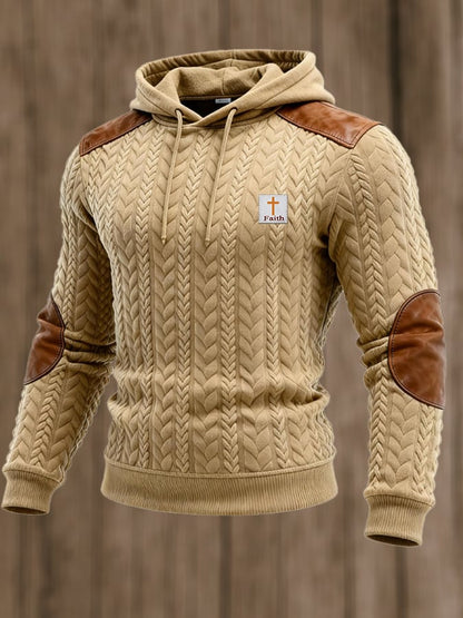 Men's Vintage Knitted Jacquard and Leather Patchwork Hooded Sweatshirt