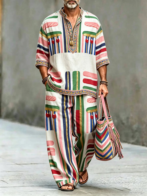 Men's Vintage Abstract Art Printed Cotton Shirt Set (Top & Pants)