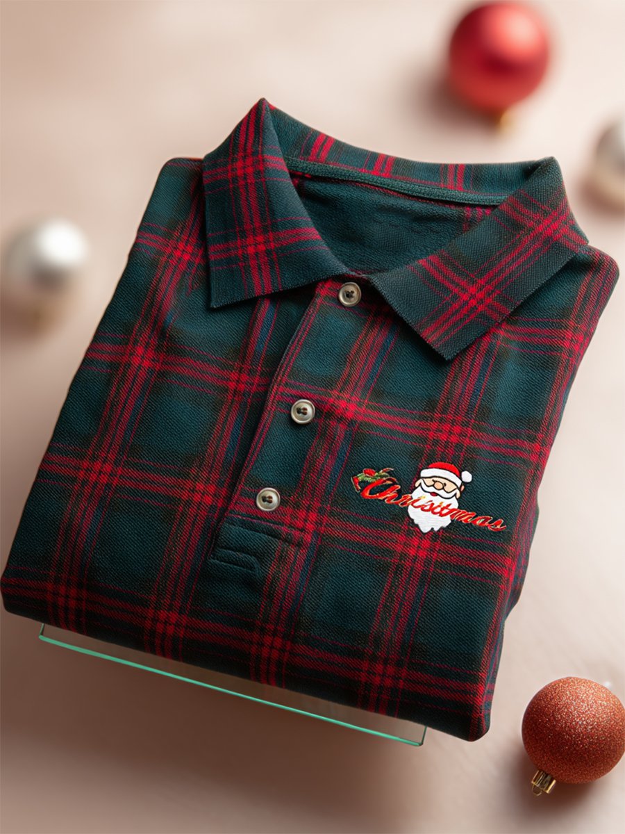 Men's Christmas Plaid Long Sleeve Polo Shirt