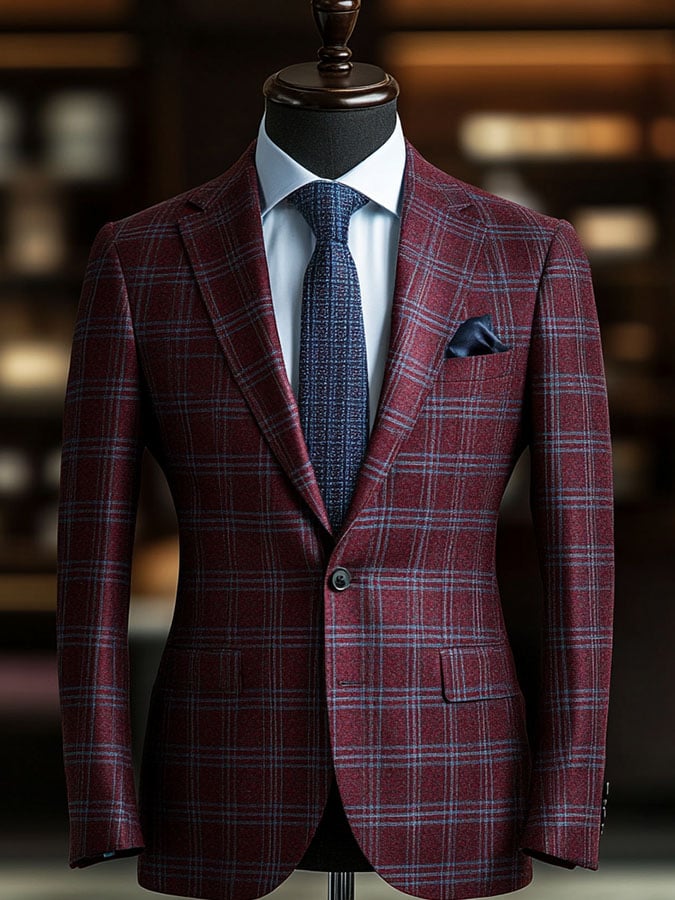 Men'S Casual Classic Business Plaid Long-Sleeved Suit