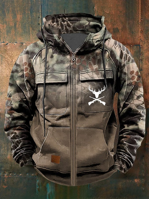 Men's Vintage Western Print Multi-Pocket Jacket