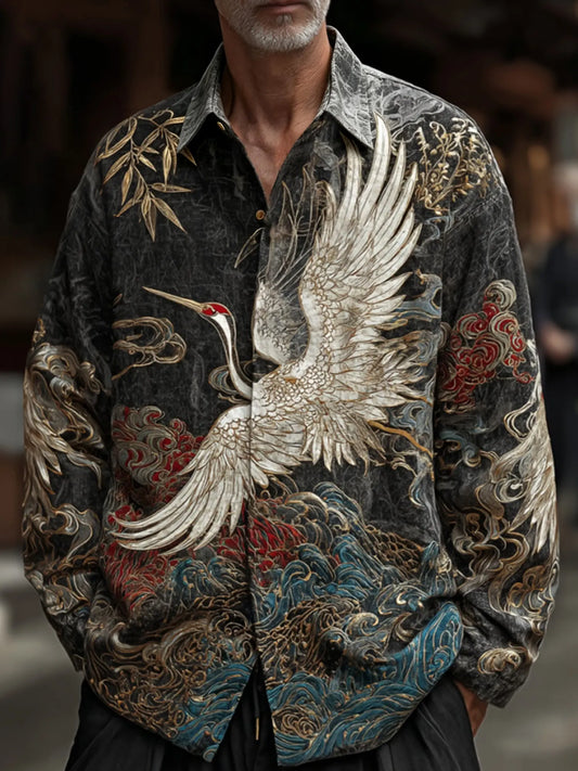 Men's Retro Japanese Style Crane And Wave Print Casual Cotton Linen Long-sleeve Shirt