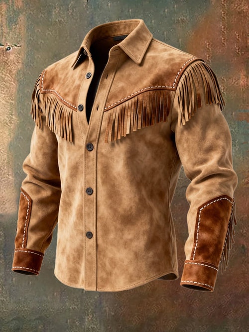 Men'S Vintage Distressed Stitching Tassel Design Long-Sleeved Shirt