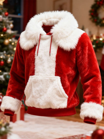 Men'S Plush Warm Color-Blocked Christmas Hooded Sweatshirt