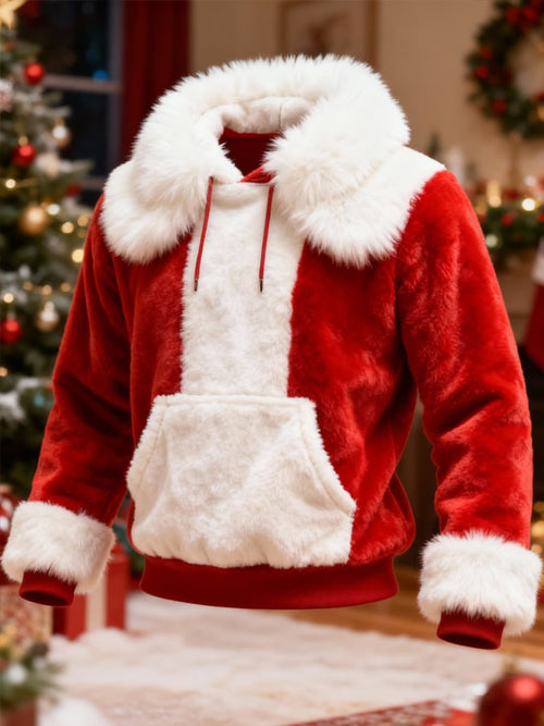 Men'S Plush Warm Color-Blocked Christmas Hooded Sweatshirt