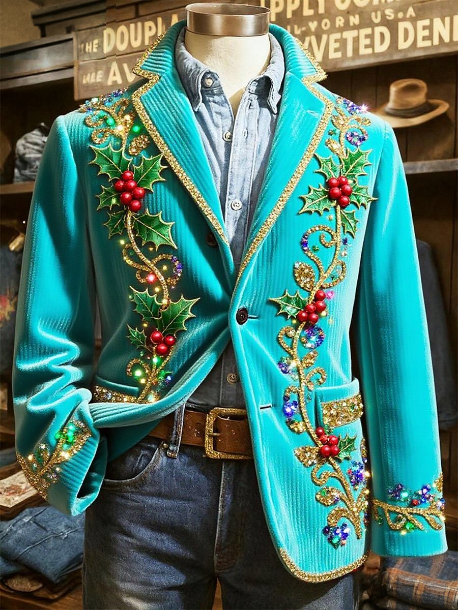 Men's Corduroy Christmas Holly Lapel Blazer