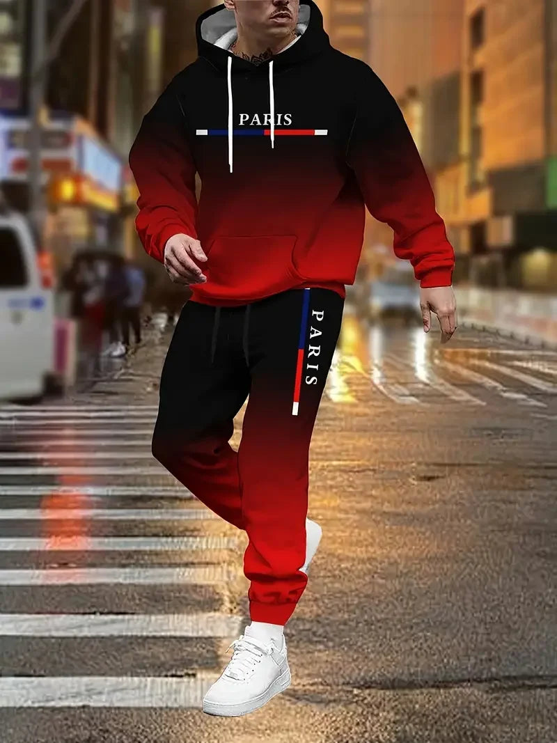 Gradient Color Paris Tracksuit Outfit Men's Street Fashion 3D Print Sport Hoodie 2-Piece Autumn/Winter Sweatshirt Sweatpants Set
