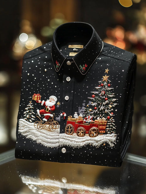 Men's Retro Christmas Print Santa Gifts Long Sleeve Shirt