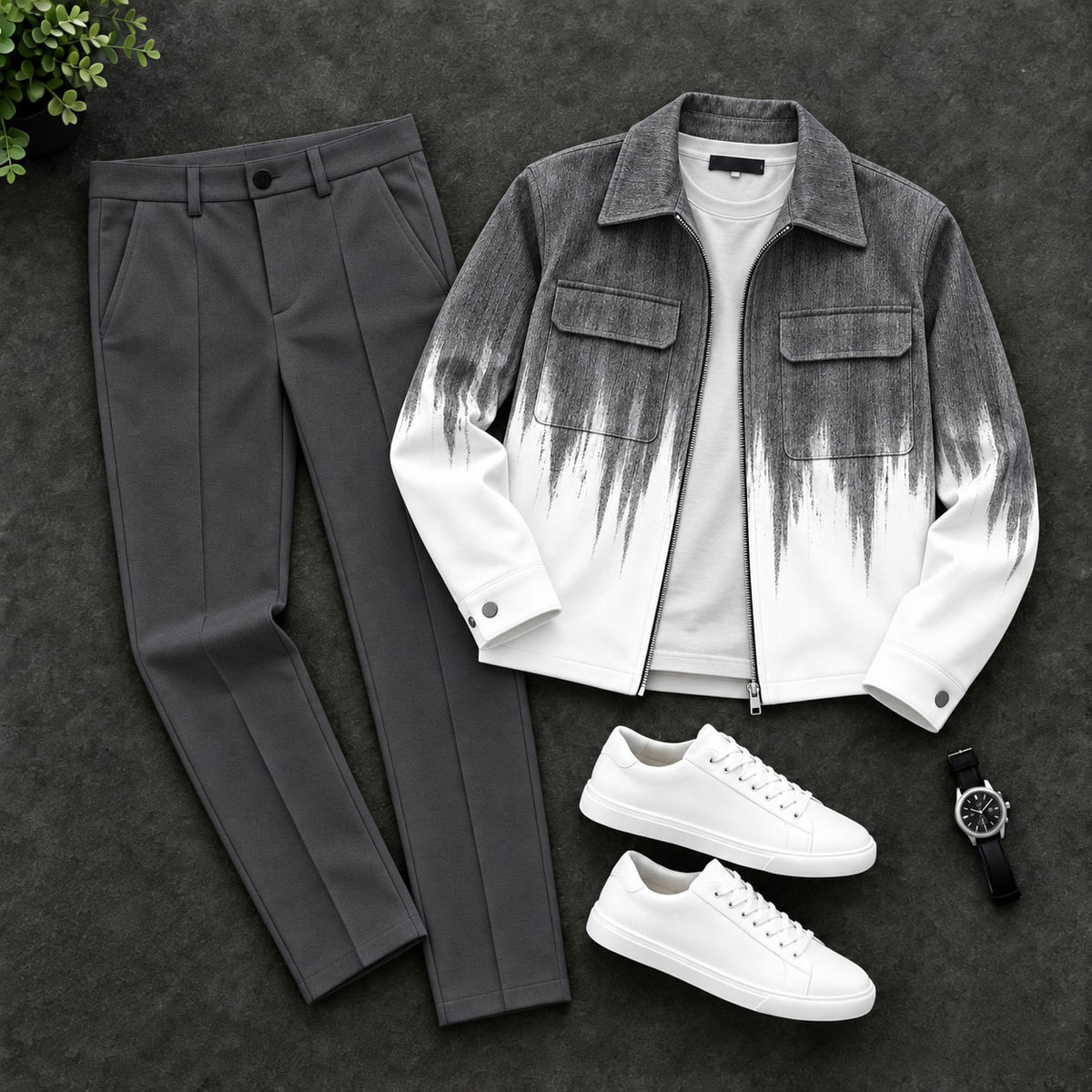 Men's Two-Piece Set: Gradient-Print Zipper Cardigan and Pants