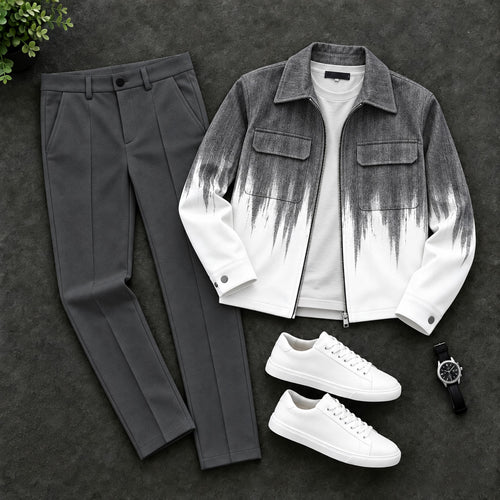 Men's Two-Piece Set: Gradient-Print Zipper Cardigan and Pants