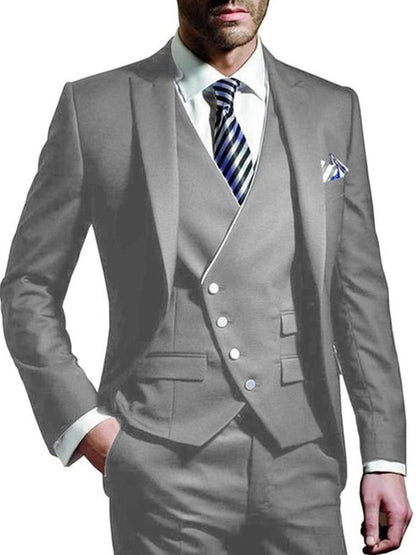 Men's Three-Piece Business Suit With One Button And Contrast Stitching