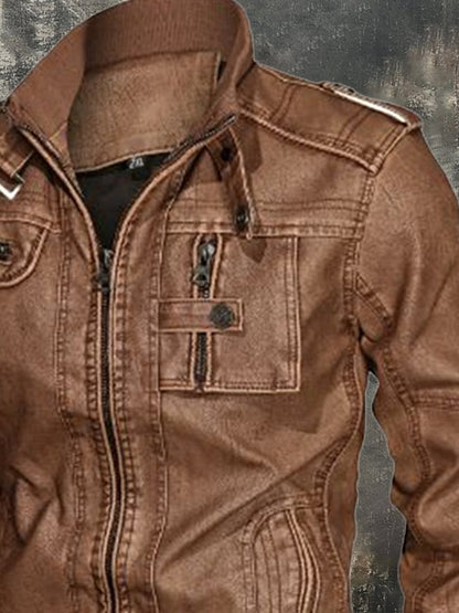 Men's Vintage Leather Multi-Pocket Outdoor Jacket