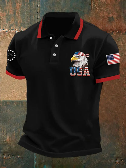 Men's Retro USA Eagle Print Polo Shirt