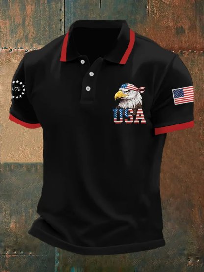Men's Retro USA Eagle Print Polo Shirt