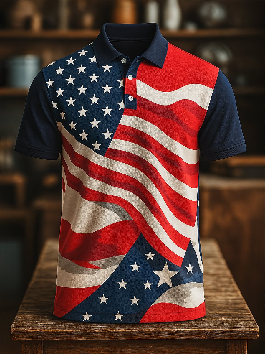 Men's Business Casual Independence Day Button Short Sleeve Polo Shirt