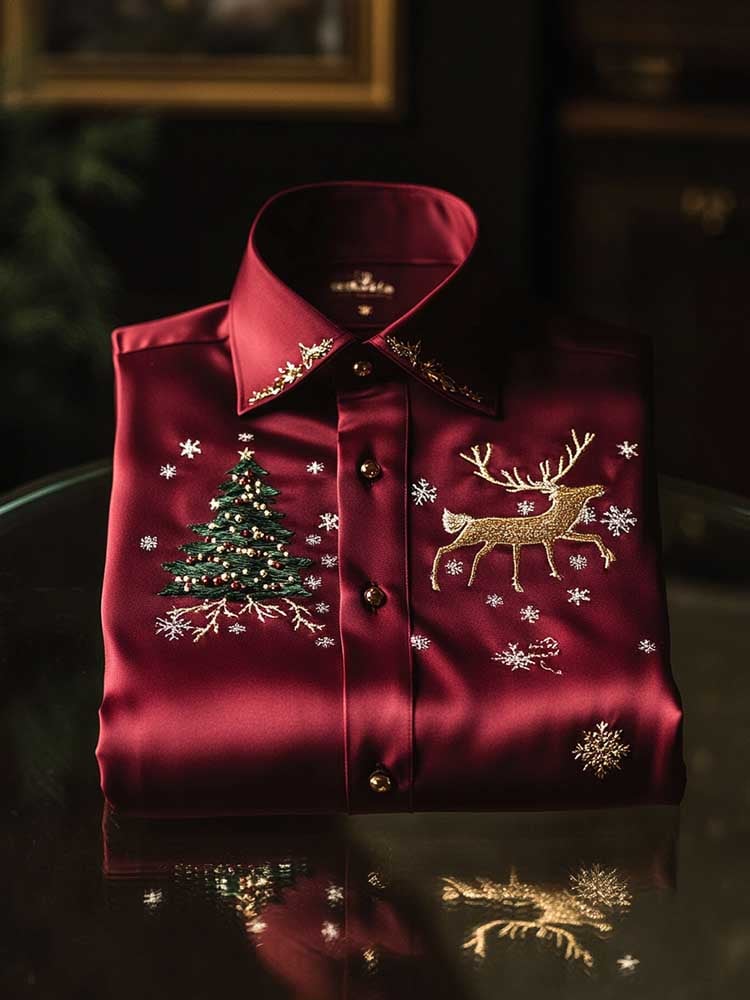 Men's Christmas Satin Luxe Long Sleeve Button Down Shirt