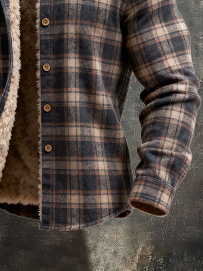 Men's Retro Plaid Warm Lambswool Lined Long Sleeve Shirt