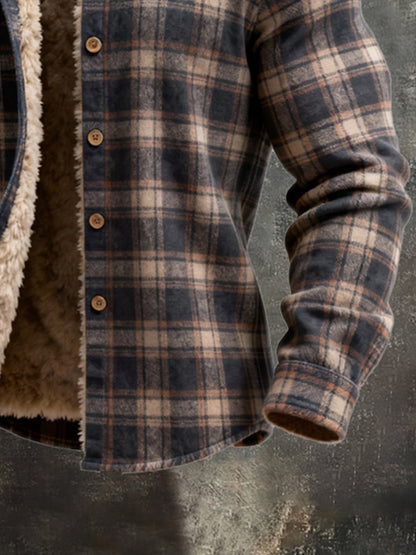 Men's Retro Plaid Warm Lambswool Lined Long Sleeve Shirt