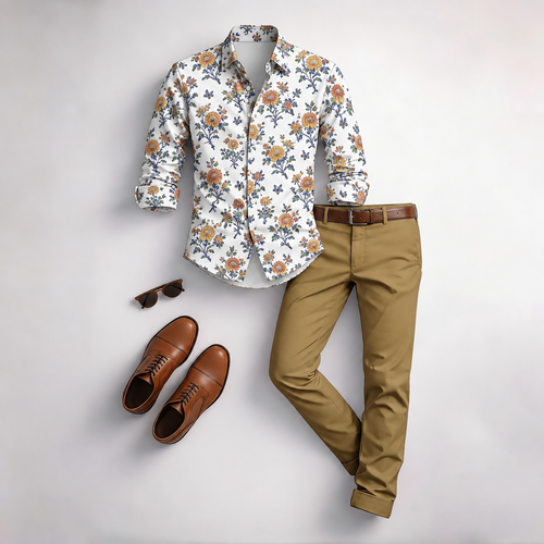 Men's Vintage Floral Print Long-Sleeve Shirt and Pants Set