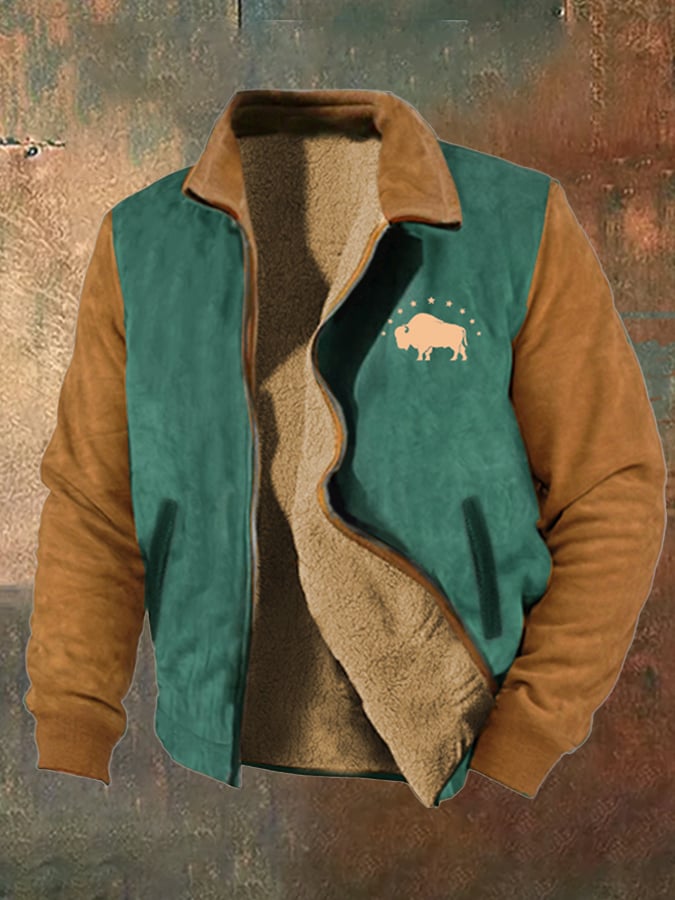Men's vintage western hunting patchwork warm fleece jacket