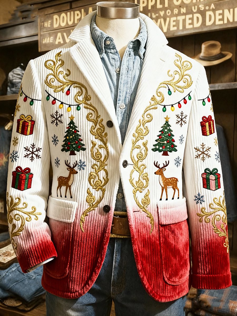 Men's Corduroy Christmas Reindeer Gradient Lapel Suit Jacket