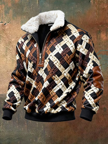 Men's Retro Color Block Print Casual Fur Collar Long Sleeve Sweatshirt