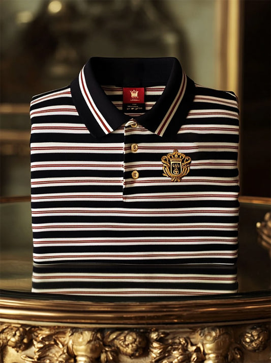 Men's Business Casual Striped Logo Button Short Sleeve Polo Shirt