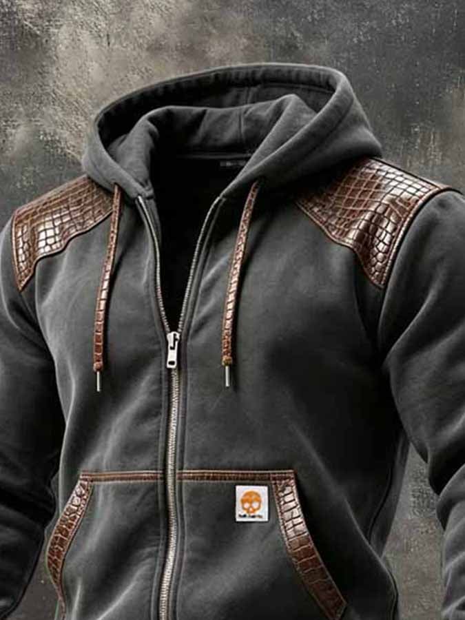 Men'S Retro Color-Block Outdoor Jacket With Leather Paneling