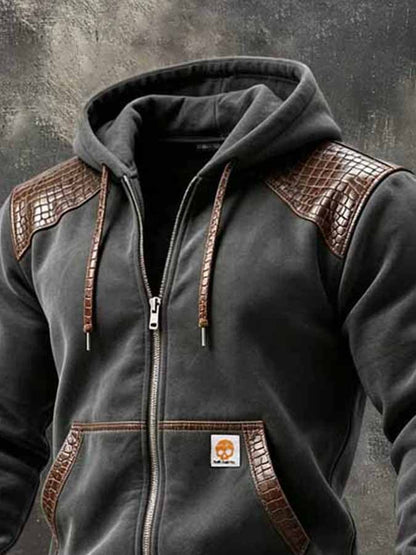 Men'S Retro Color-Block Outdoor Jacket With Leather Paneling
