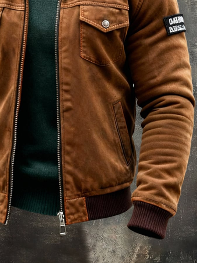 Men'S Vintage Suede Patchwork Contrast Color Outdoor Jacket