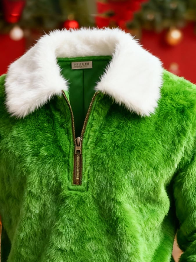 Men's Comfortable Plush Stitching Christmas Warm Zipper Sweatshirt