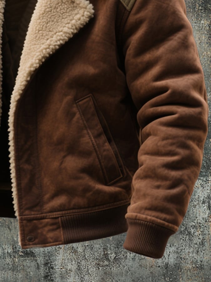 Men'S Vintage Suede Colorblock Lambswool Lapel Jacket