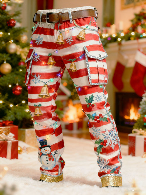 Men's Christmas Lights Bells Santa Snowman Printed Cargo Pants