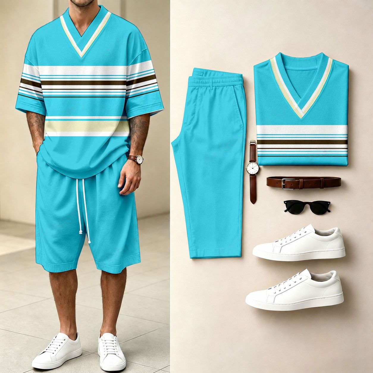 Men's Casual Horizontal Striped Print V-Neck Short-Sleeve T-Shirt And Shorts Two-Piece Set