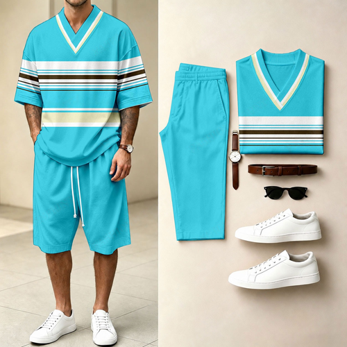 Men's Casual Horizontal Striped Print V-Neck Short-Sleeve T-Shirt And Shorts Two-Piece Set