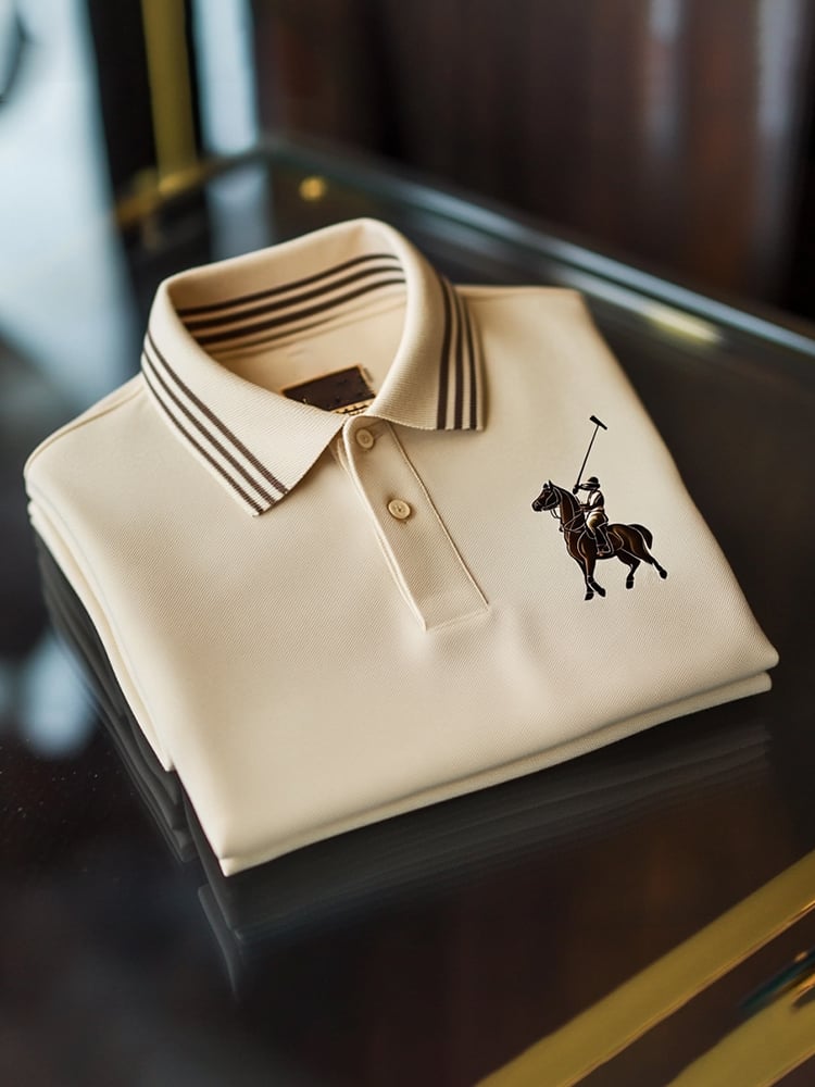 Men's Classic Business Check Logo Button Short Sleeve Polo Shirt