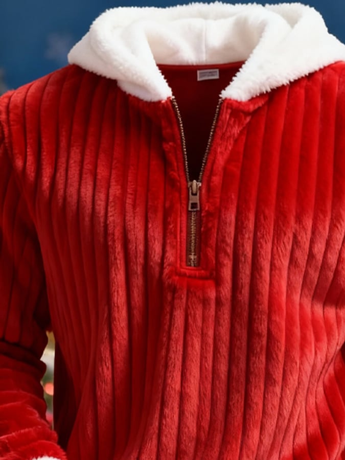 Men's 3D Textured Warm Plush Color-Blocked Christmas Hooded Sweatshirt
