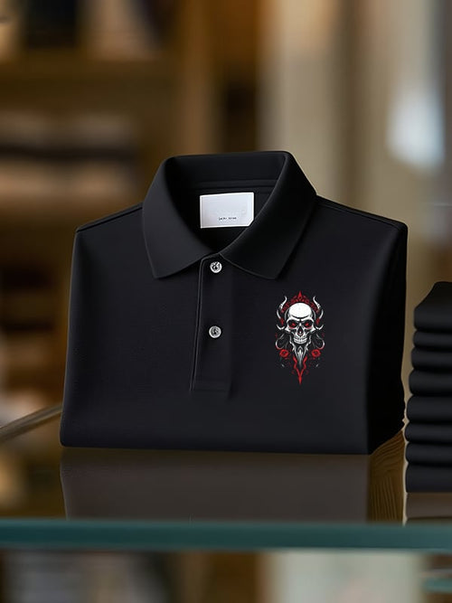 Men's Classic Business Skull Logo Button Short Sleeve Polo Shirt