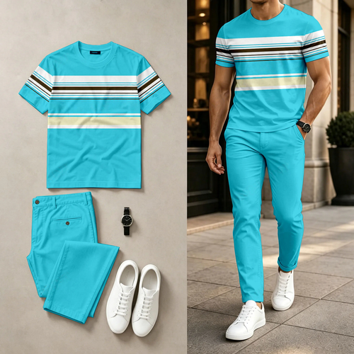 Men's Casual Striped Two-Tone Print Round-Neck Short-Sleeve Top And Pants Set