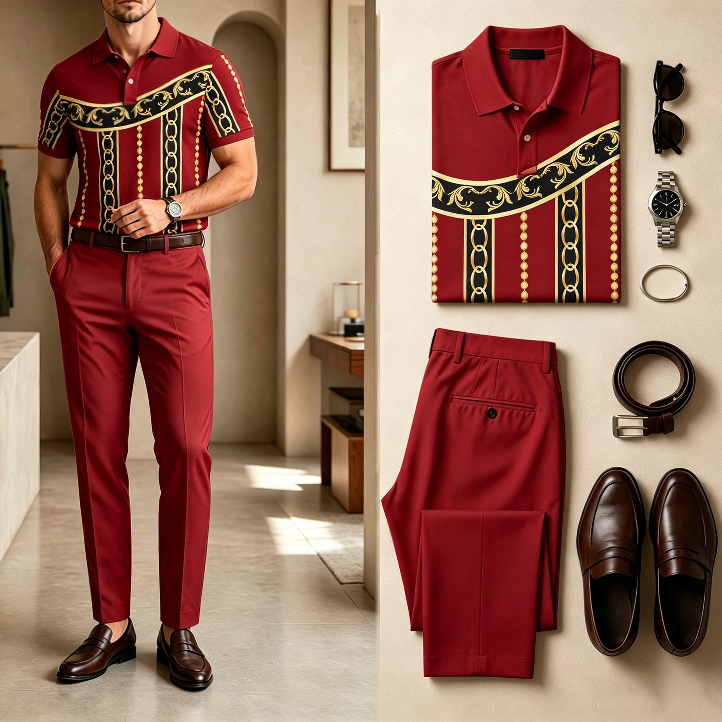 Men's Casual Color-Blocked Printed Short-Sleeve Polo Shirt And Pants Set (Does Not Include Accessories Such As Watches Or Belts)