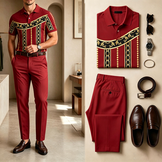 Men's Casual Color-Blocked Printed Short-Sleeve Polo Shirt And Pants Set (Does Not Include Accessories Such As Watches Or Belts)