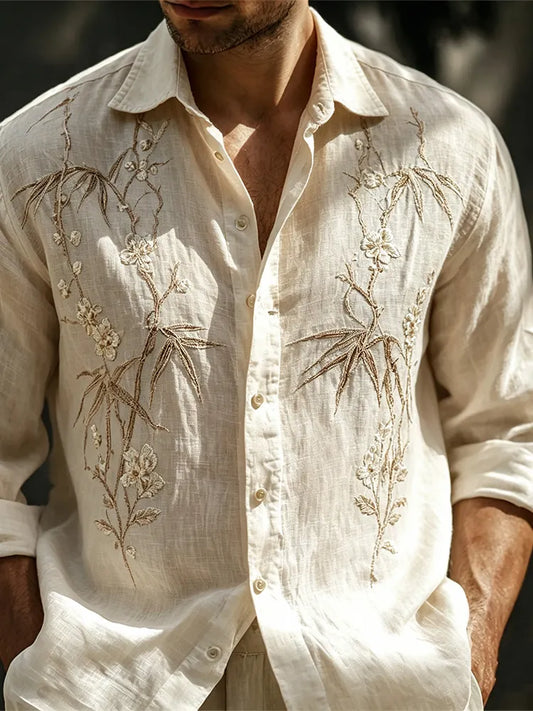 3d Embroidery Bamboo Floral Linen Shirt For Men, Vintage Lightweight Long Sleeve Shirt