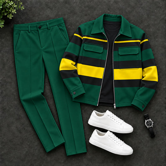 Men's Color-Blocked Printed Zipper Cardigan and Pants Two-Piece Set