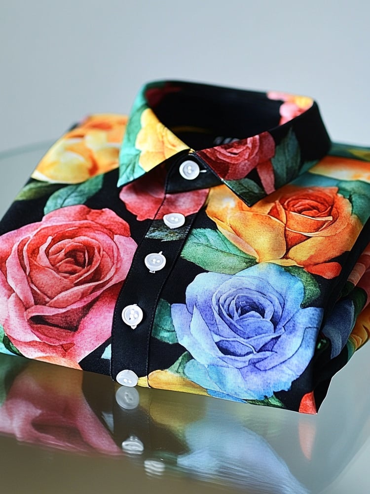 Men's Business Casual Watercolor Rose Lapel Short Sleeve Shirt