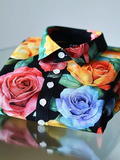 Men's Business Casual Watercolor Rose Lapel Short Sleeve Shirt