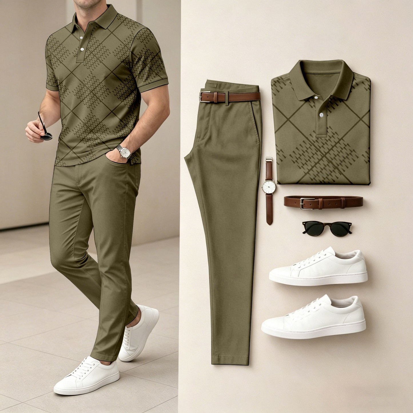 Men's Casual Diamond-Patterned Short-Sleeve Polo Shirt And Pants Set (Excludes Accessories Such As Watches And Belts)