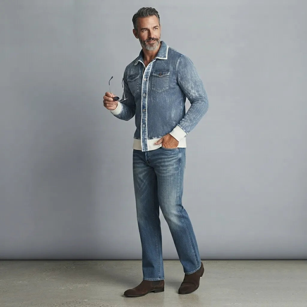 Men's Retro Denim Contrast Binding Chest Pocket Slim Fit Long Sleeve Shirt