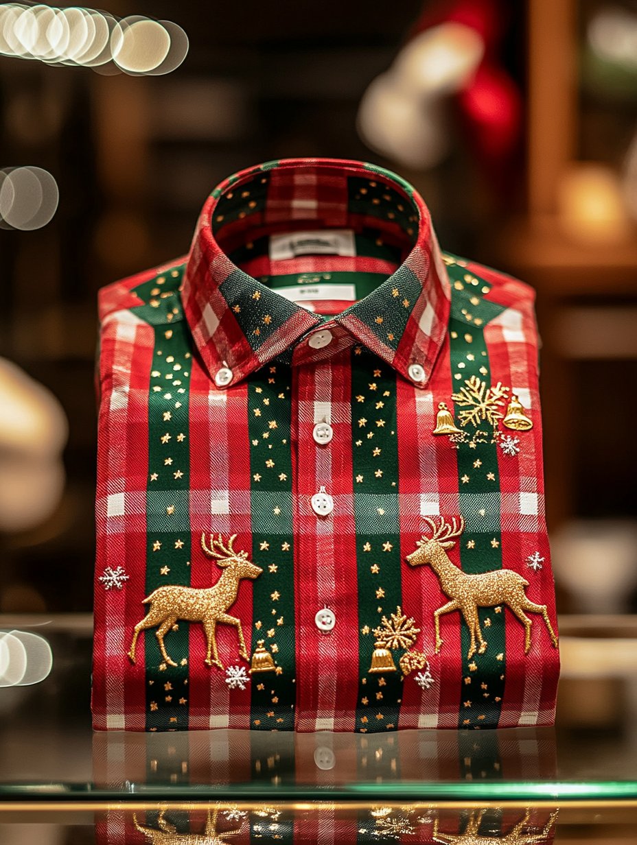 Men's Retro Christmas Print Santa Elk Bells Gifts Long Sleeve Shirt