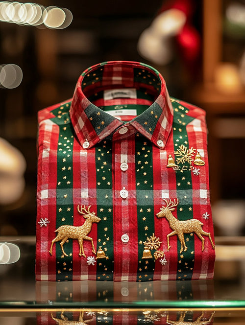 Men's Retro Christmas Print Santa Elk Bells Gifts Long Sleeve Shirt