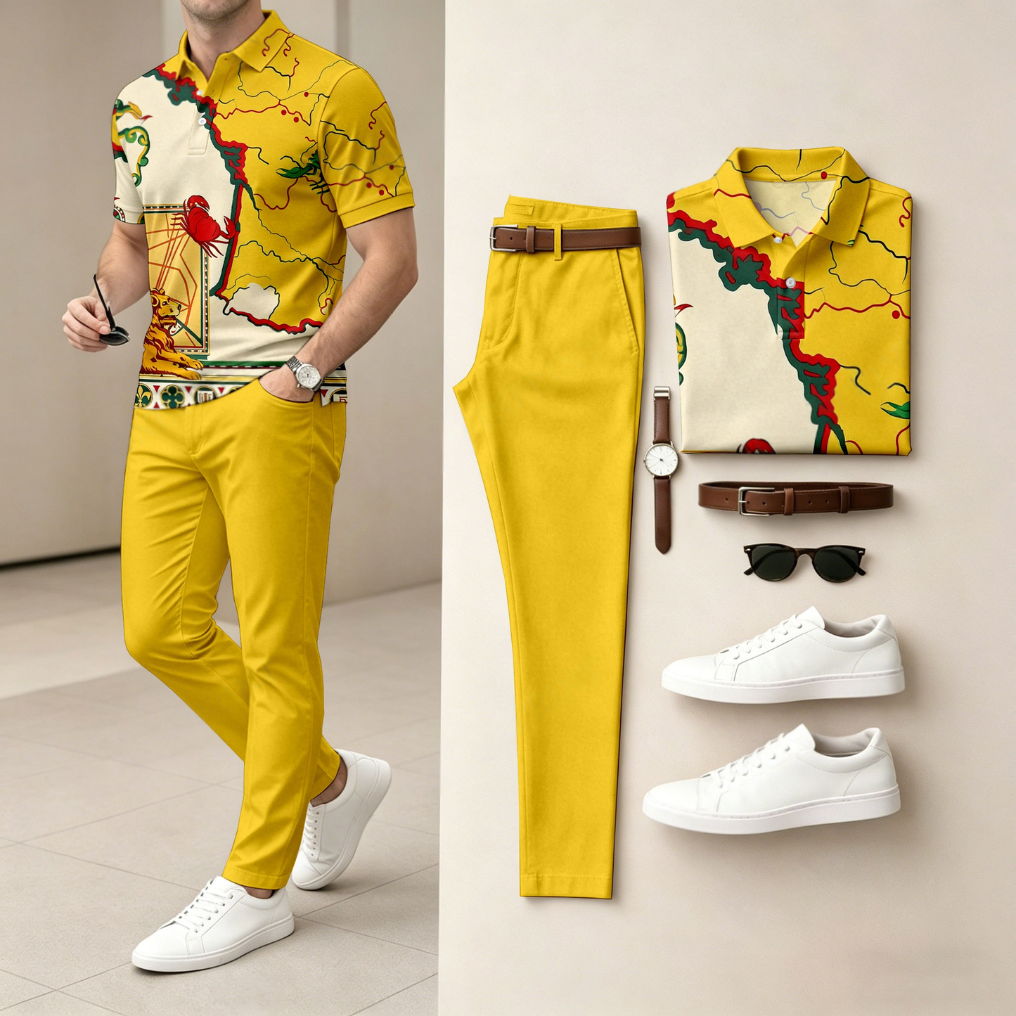Men's Casual Color-Blocked Lobster-Print Short-Sleeve Polo Shirt And Pants Set (Excludes Accessories Such As Watches And Belts)